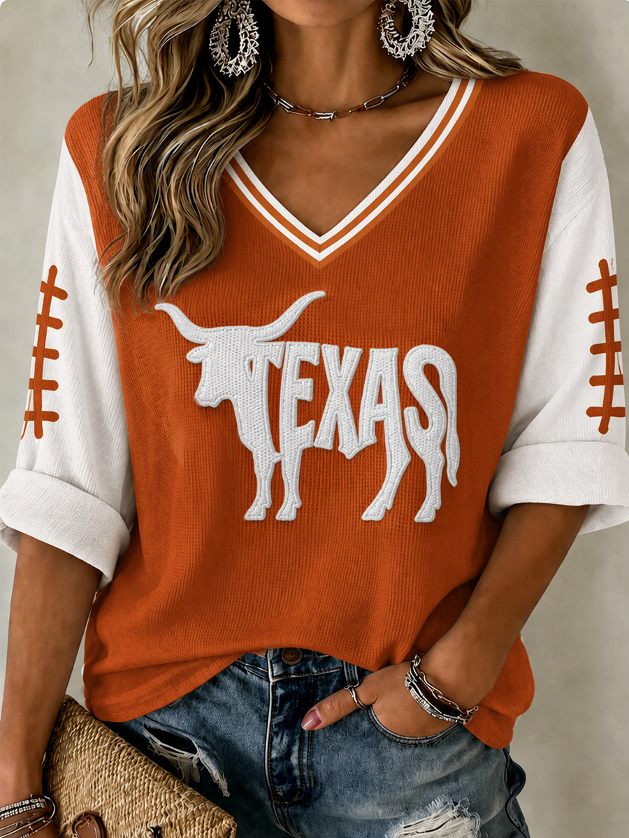 Women'S College Rugby Printed Waffle V-Neck Top