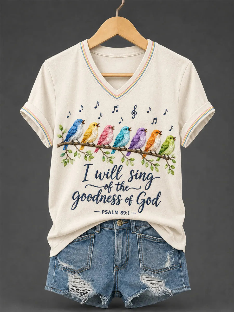 Women's I Will Sing Of The Goodness Of God Psalm 89:1 Christian Bird Print Casual V-Neck Tee