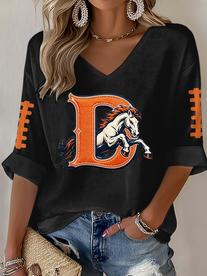 Women'S Rugby Patterned Waffle V-Neck Top