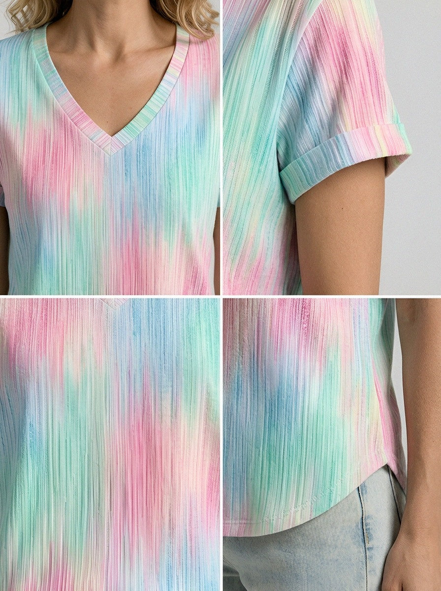 Women's Breast Cancer Awareness Vertical Tie-Dye Printed V-Neck T-Shirt