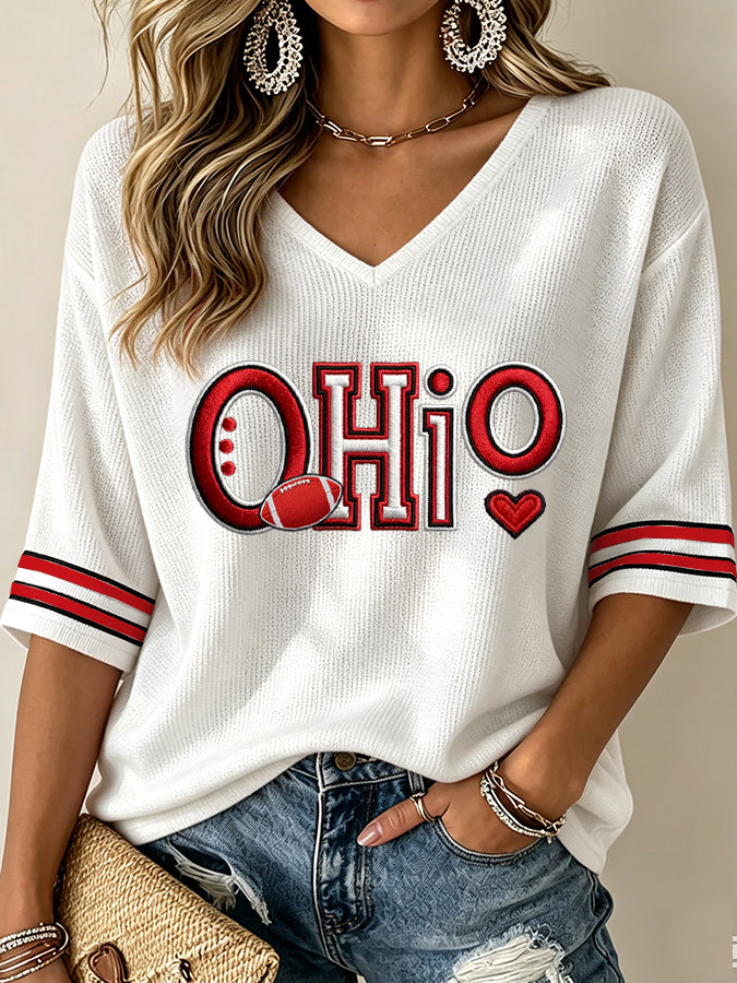 Women'S College Rugby Printed Waffle V-Neck Top