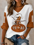Women'S College Rugby Printed Waffle V-Neck Top
