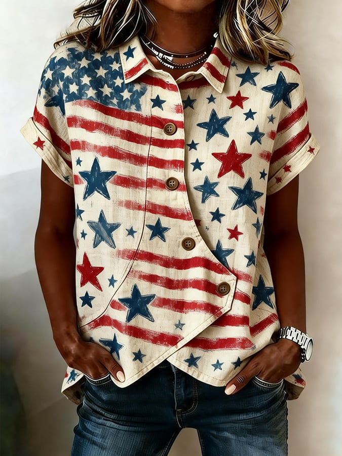 Women's Casual Retro Cotton-Linen Patriotic Shirt