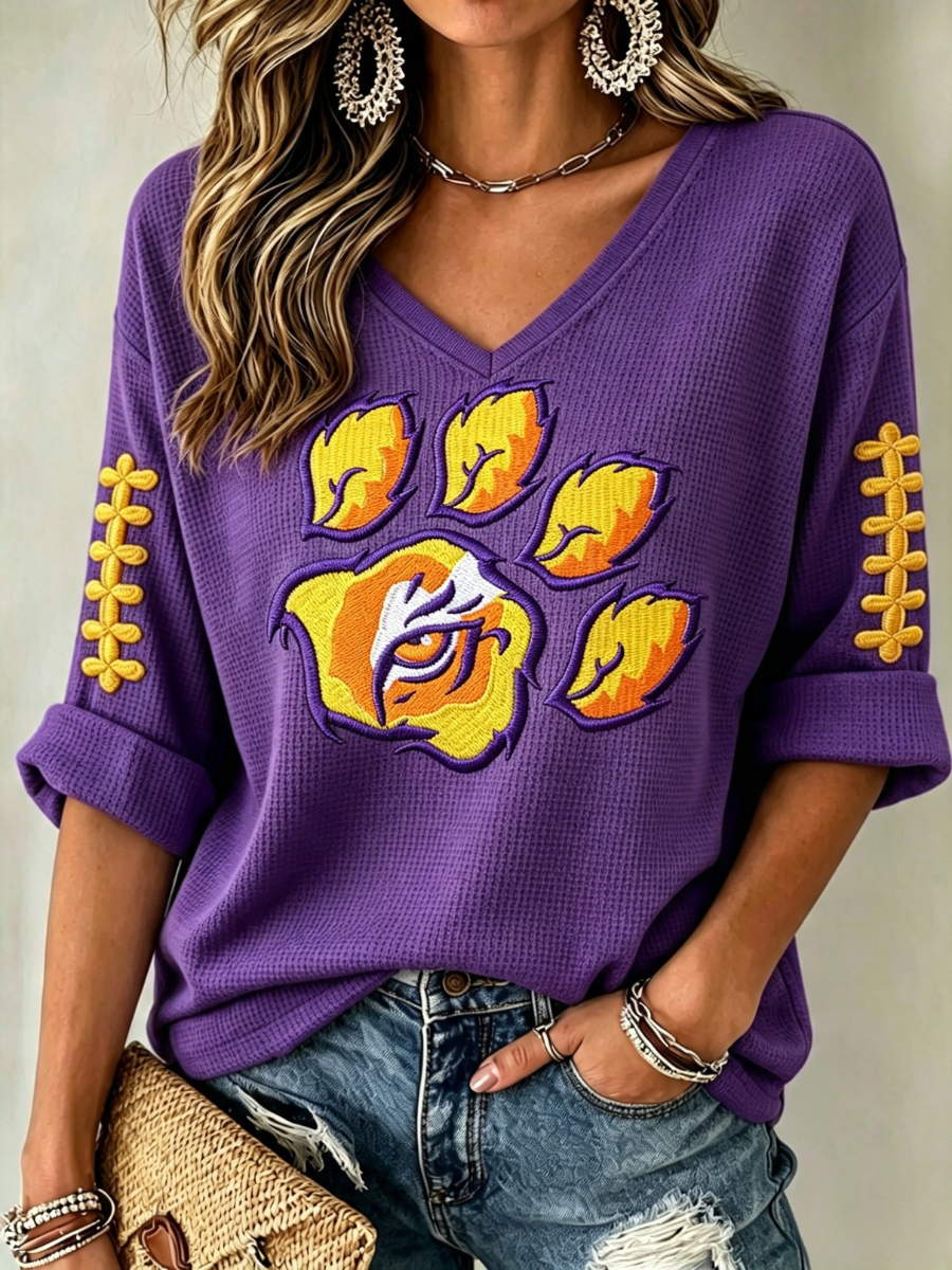Women'S Rugby Patterned Waffle V-Neck Top