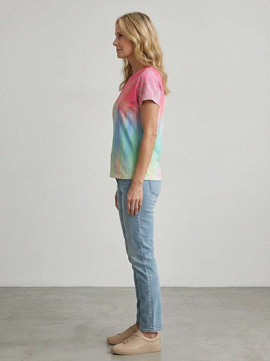 Women's Breast Cancer Awareness Pink Gradient Leaf Printed T-shirt