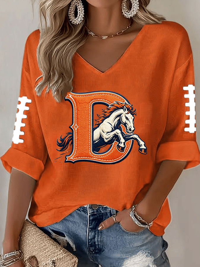 Women'S Rugby Patterned Waffle V-Neck Top