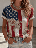 Women's Retro American Flag Flowers Print Crew Neck T-Shirt