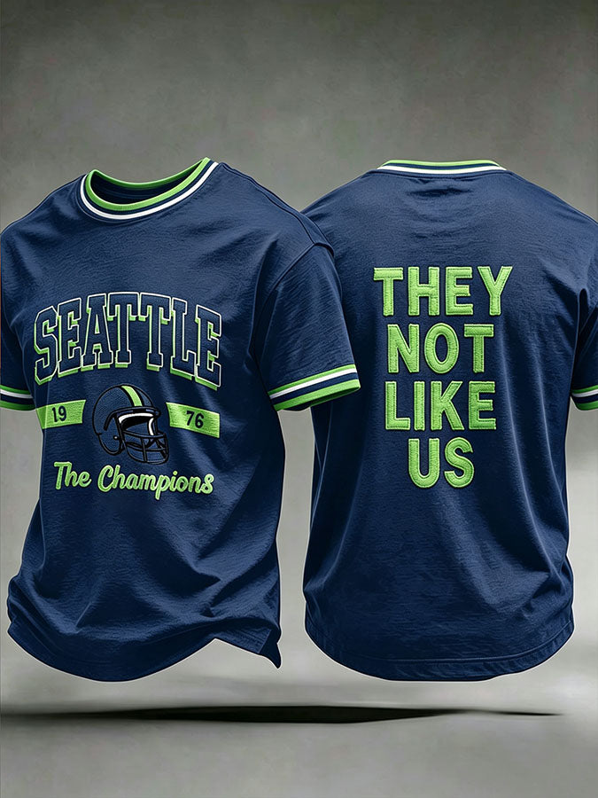 Men's Seattle Football Printed Vintage Fashion Loose Short Sleeve T-Shirt