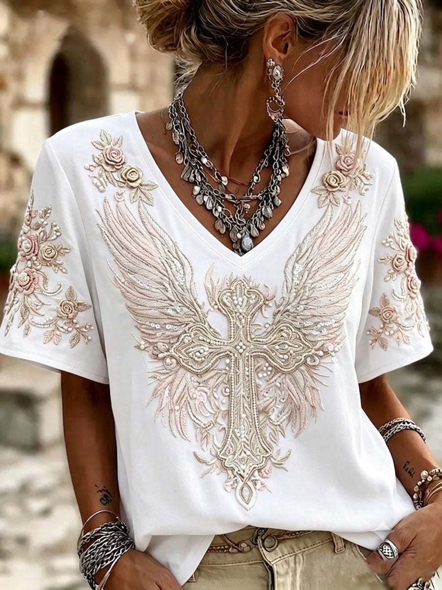Ladies' V-Neck Cotton Linen Short Sleeved Flower Wing Cross Pattern