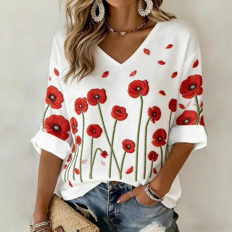 Women's Memorial Day Poppy Art Printed Casual Top