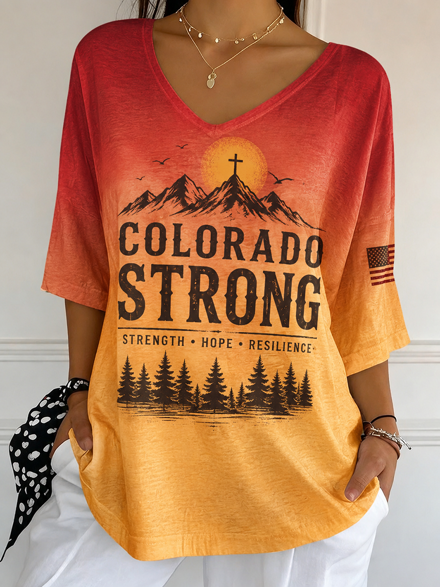 Colorado Strong Sunset Mountain Cross American Flag Gradient Top