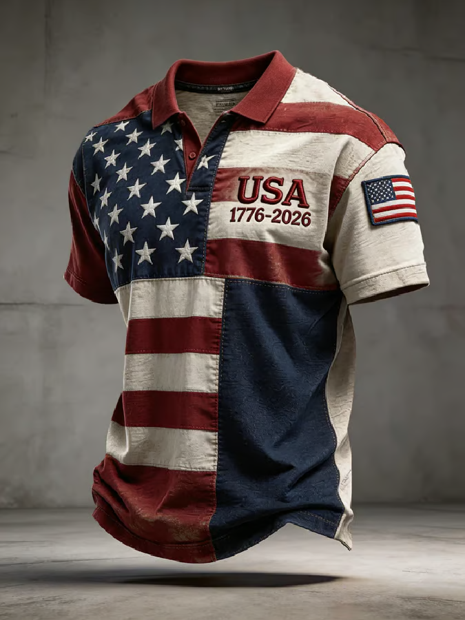 Men'S Retro American Patriots Independence Day 250Th Anniversary Commemorative Lapel Short Sleeved Shirt