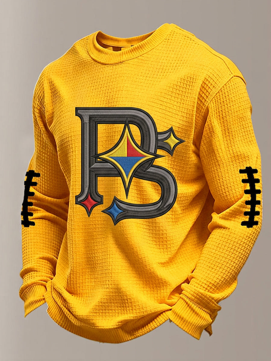 Men's Football Print Waffle Crewneck Sweatshirt