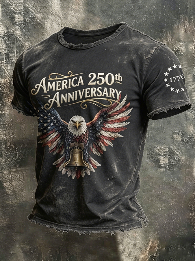 Men'S Casual Washed Distressed 250Th Anniversary Celebration Personalized Printed Round Neck Top In The United States