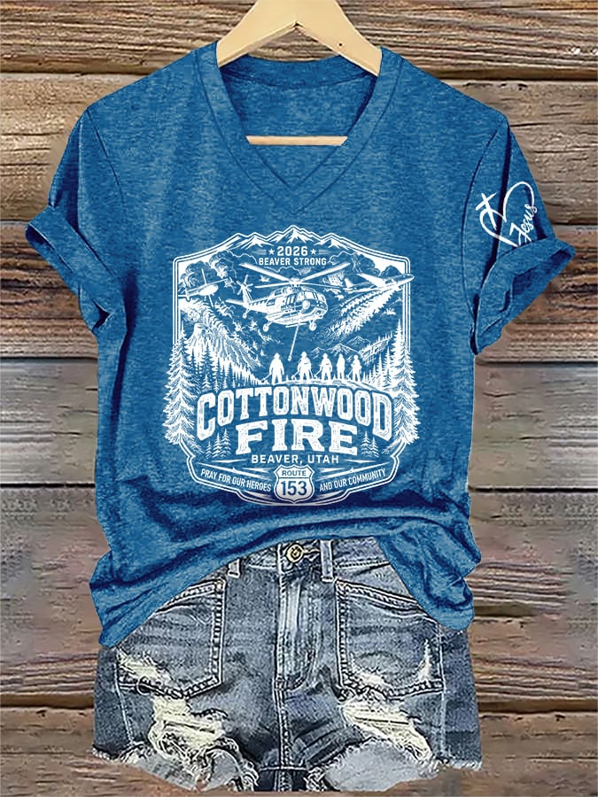 V-Neck Retro 2026 Beaver Strong Cottonwood Fire, Beaver, Utah - Pray For Our Heroes And Our Community Route 153 Print T-Shirt