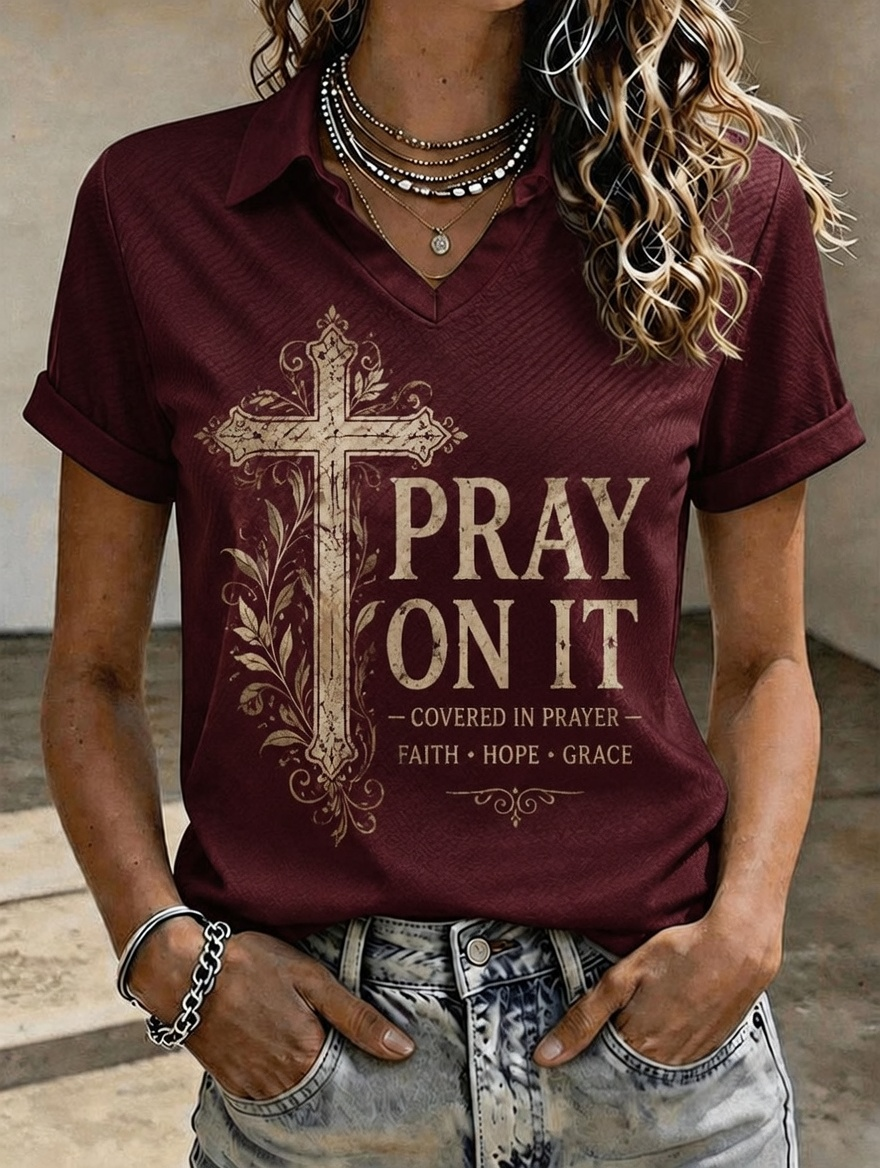 Vintage Floral Cross Pray On It Women Lapel V Neck Short Sleeve Polo Shirt