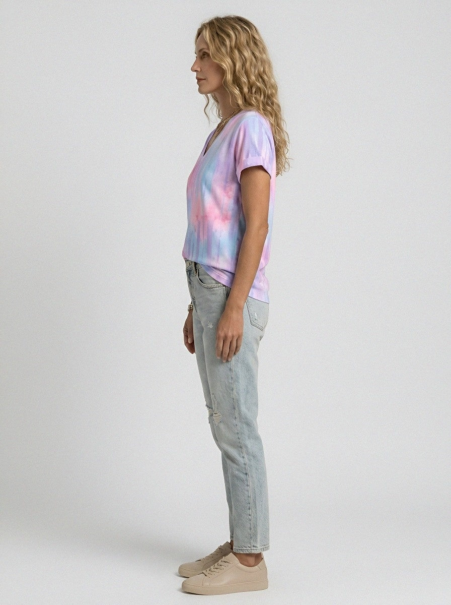 Women's Breast Cancer Awareness Striped Watercolor Printed V-Neck T-shirt