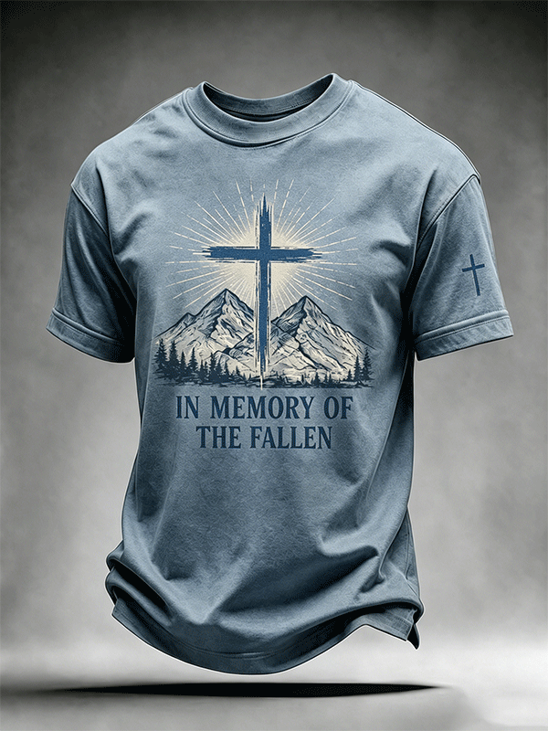 Mountain Cross In Memory Of The Fallen Short Sleeve Tee With Sleeve Cross Print