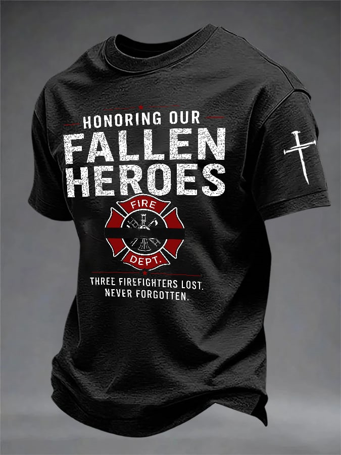 Men's Retro Honoring Our Fallen Heroes Three Firefighters Lost. Never Forgotten Print T-Shirt