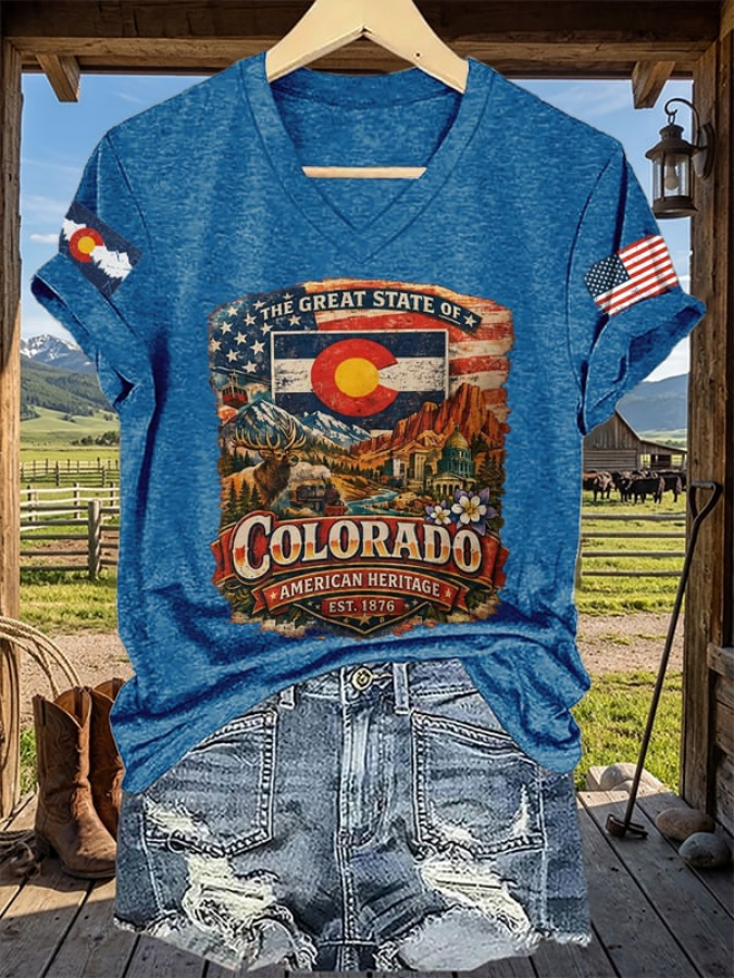 V-Neck Retro The Great State Of Colorado American Heritage Est. 1876 Print T-Shirt
