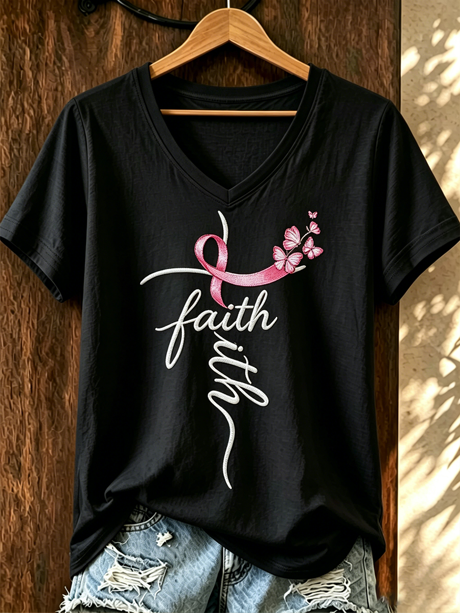 Women's Minimalist Letter Ribbon Embroidered Casual T-Shirt
