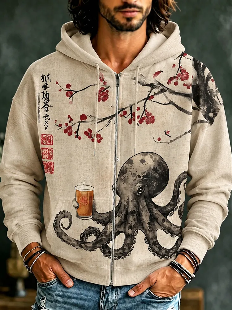 Men's Octopus Drinking Tea Under The Cherry Tree Art Print Casual Zip Up Hoodie