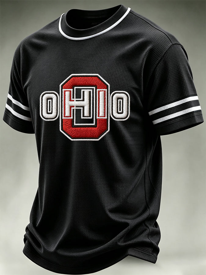 Men's University Team Rugby Embroidered Printed Waffle Round Neck T-shirt