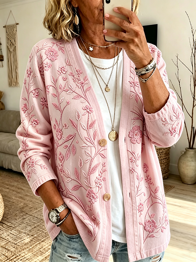 Women'S Casual Plant Flower Embroidered Cardigan Top