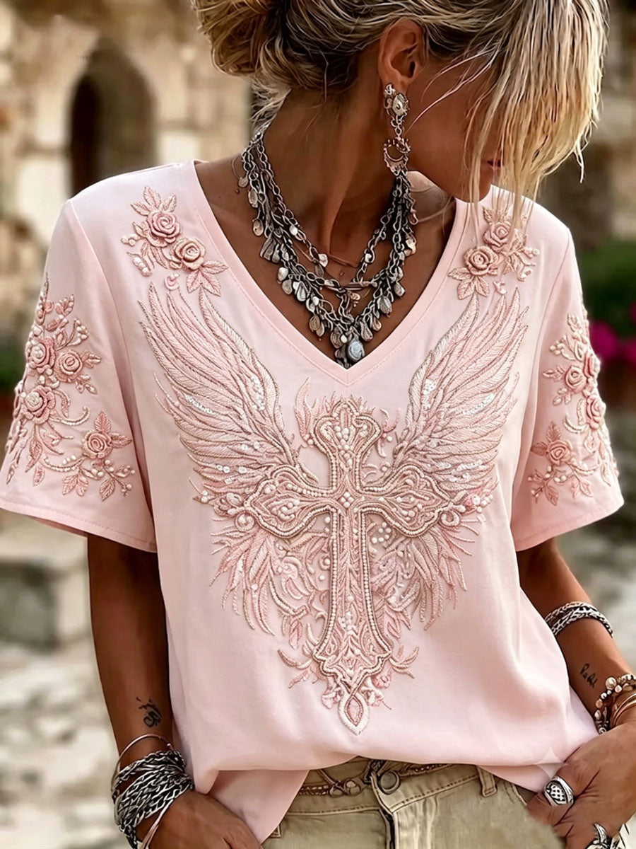 Ladies' V-Neck Cotton Linen Short Sleeved Flower Wing Cross Pattern