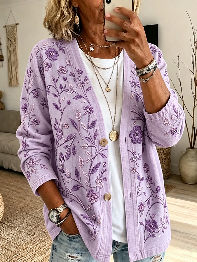 Women'S Casual Plant Flower Embroidered Cardigan Top