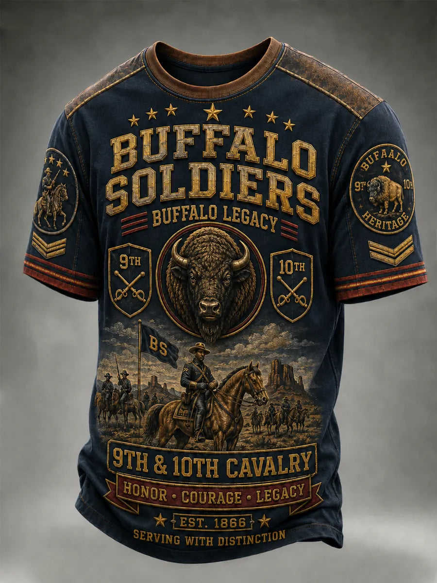 Men's Retro Buffalo Soldier Print  Casual T-Shirt