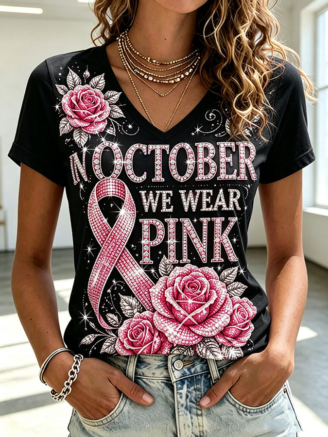 Women'S Breast Cancer Ribbon Printed V-Neck T-Shirt