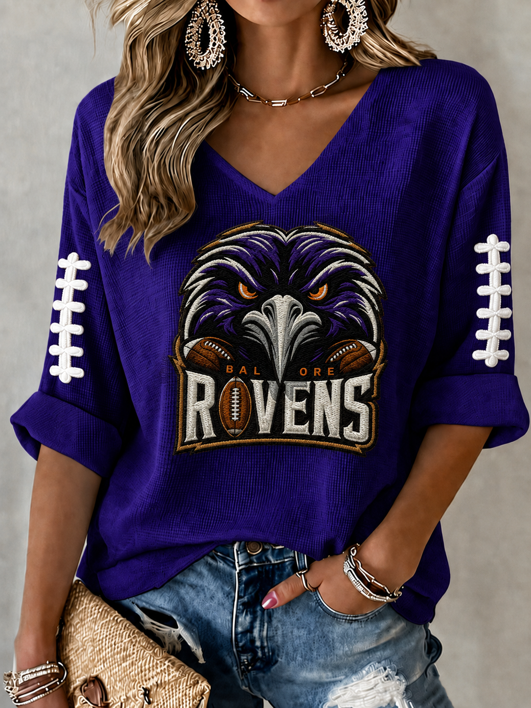 Women'S Football Print Waffle  Top
