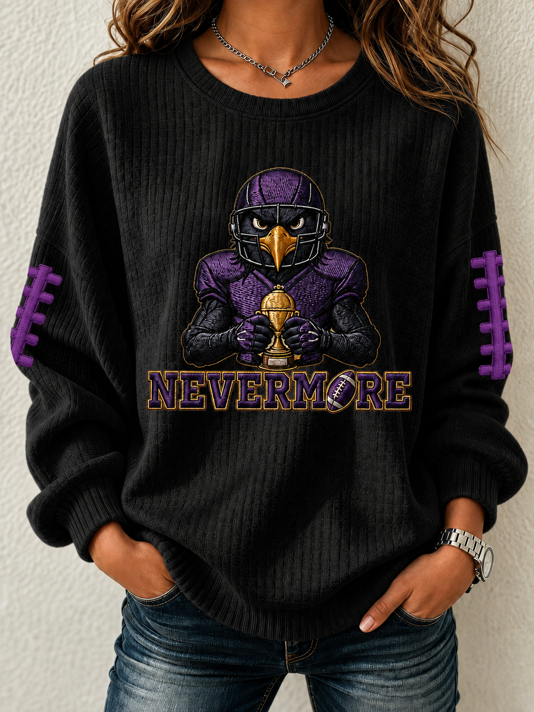 Women'S Football Fan Waffle Long Sleeved Round Neck Sweatshirt