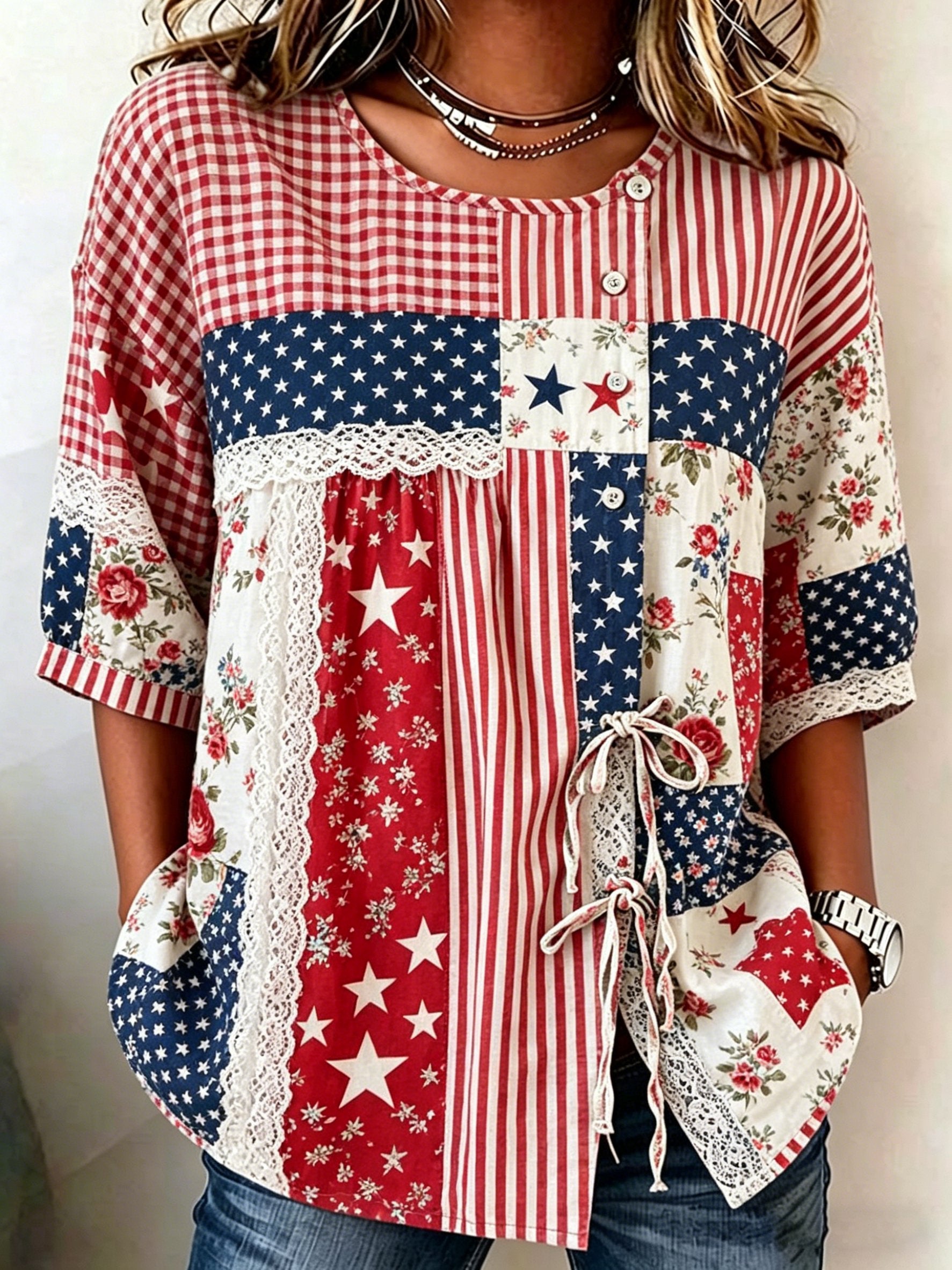 Women's Retro American Flag Print Short-Sleeve Casual Shirt