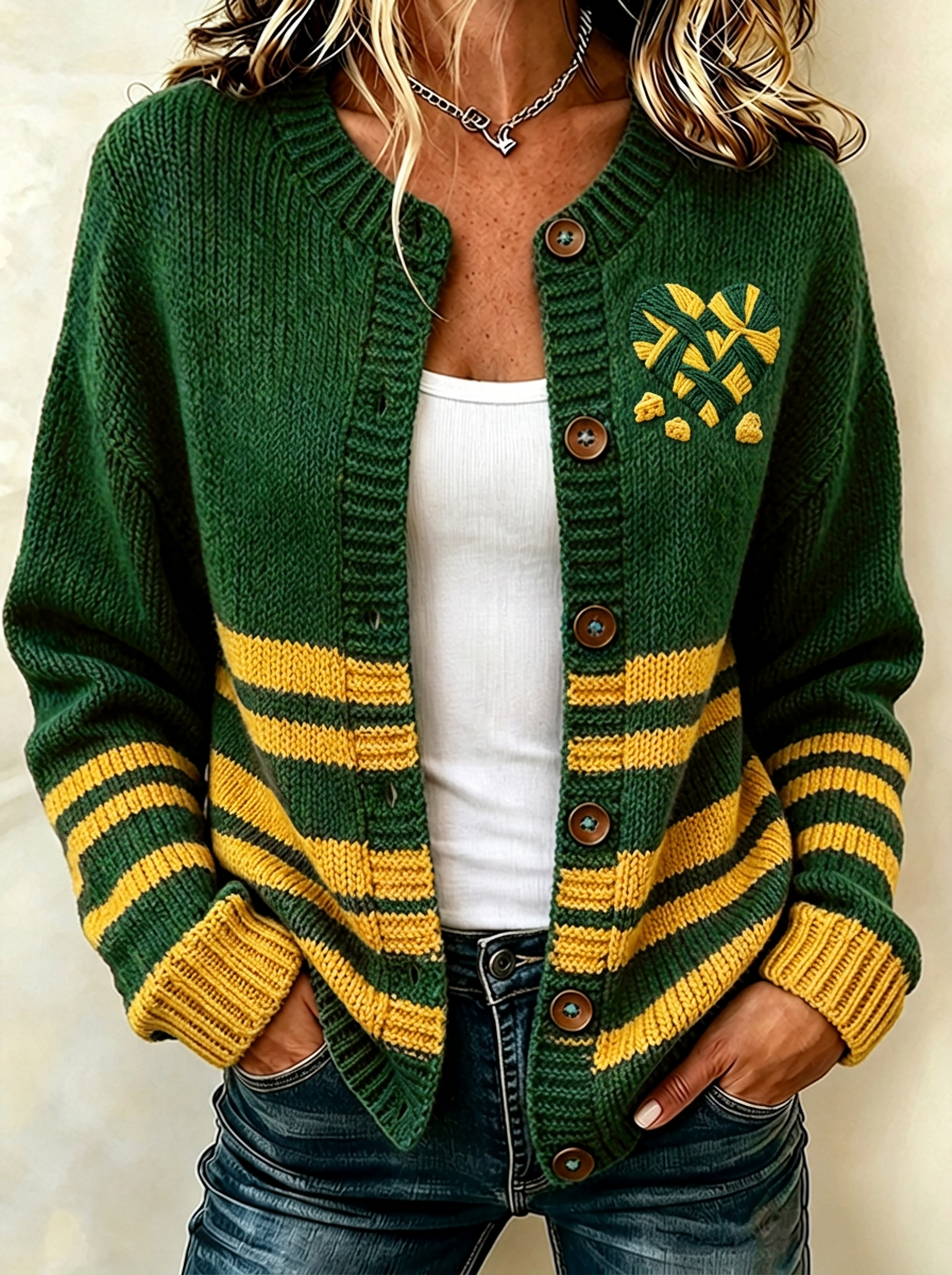 Women's Green Bay Packers Heart Logo Striped Knitted Cardigan