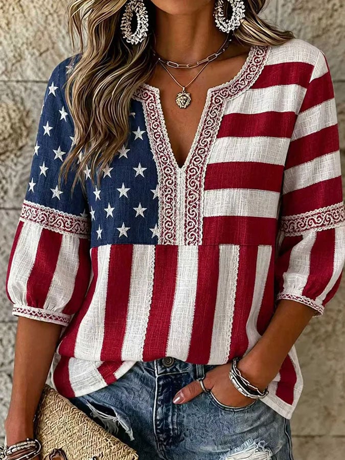 Women's Vintage Flag-Print Cotton-Linen Top
