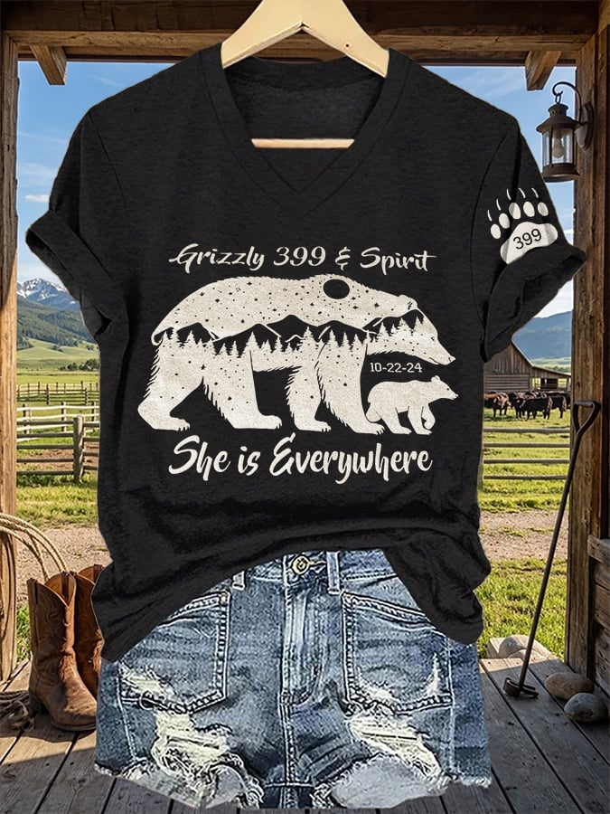 V-Neck Retro Grizzly 399 And Spirit 10-22-24 She Is Everywhere Print T-Shirt