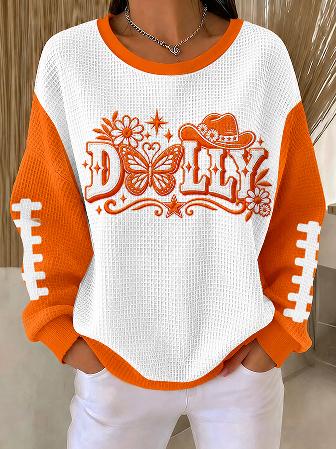 Women'S Commemorative Casual Printed Waffle Long Sleeved Shirt