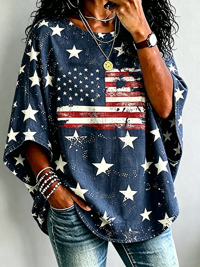 Women's Vintage American Flag Print Casual T-shirt