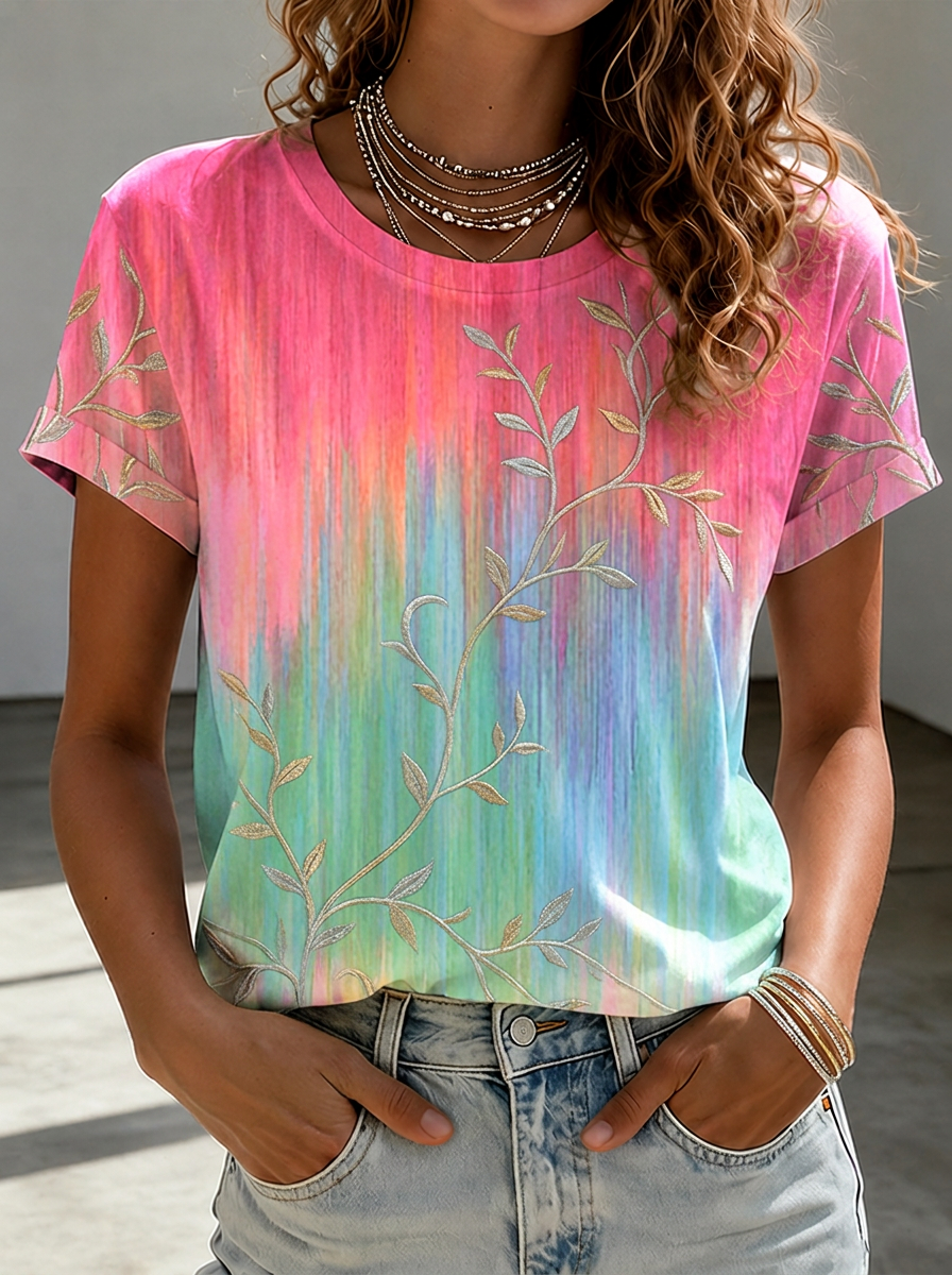 Women's Breast Cancer Awareness Pink Gradient Leaf Printed T-shirt