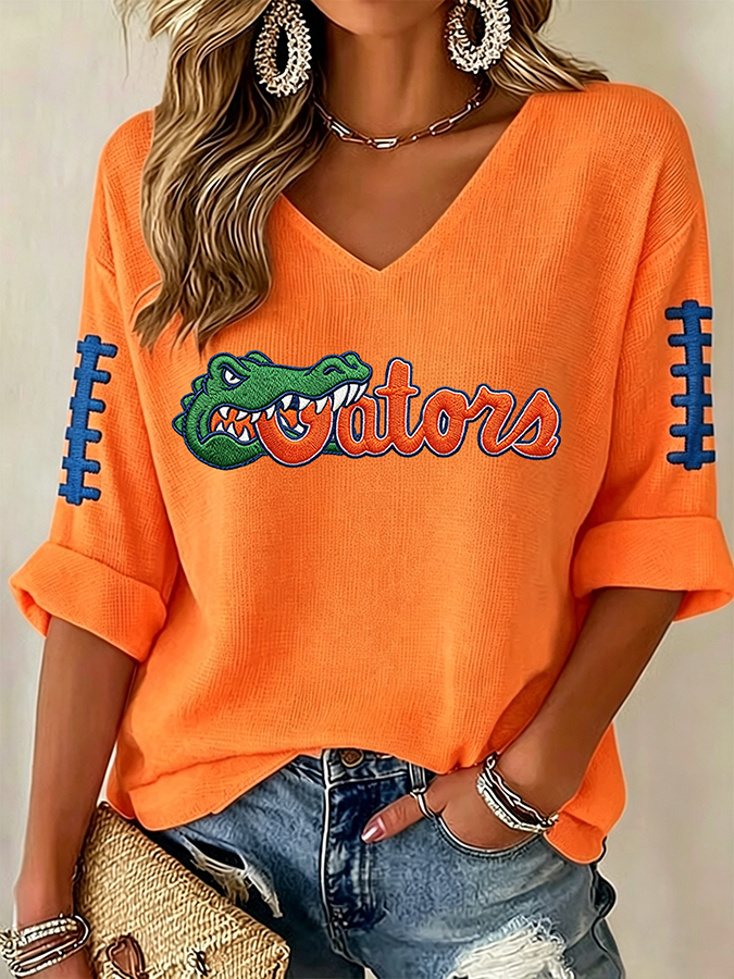 Women'S Rugby Patterned Waffle V-Neck Top