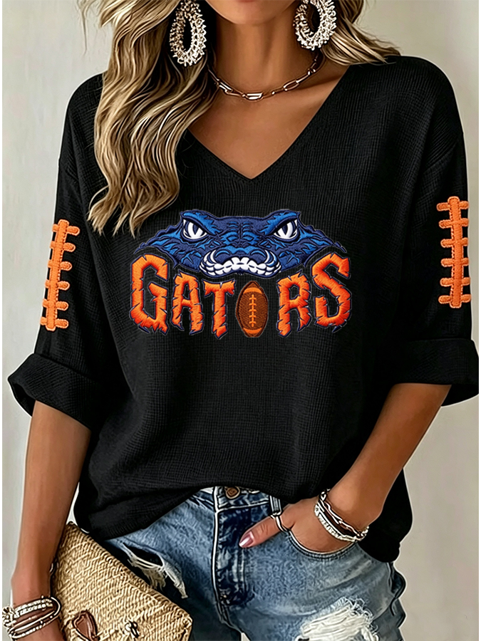 Women'S Rugby Patterned Waffle V-Neck Top