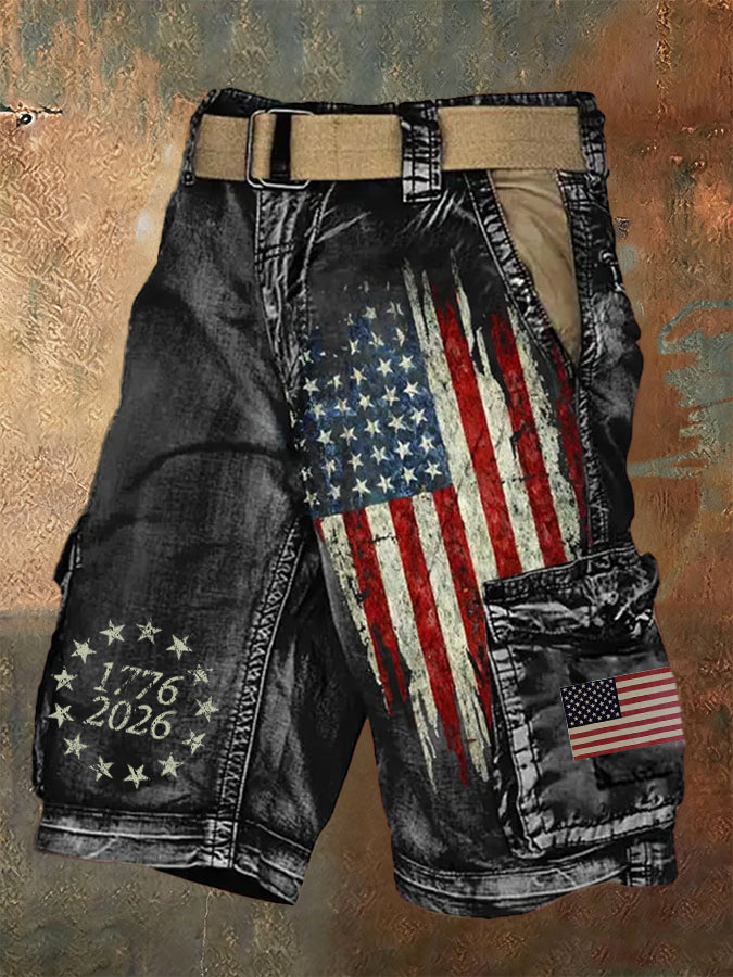 Men'S Retro Flag American Independence Day Multi Pocket Printed Workwear Shorts (Excluding Belt)