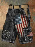 Men'S Retro Flag American Independence Day Multi Pocket Printed Workwear Shorts (Excluding Belt)