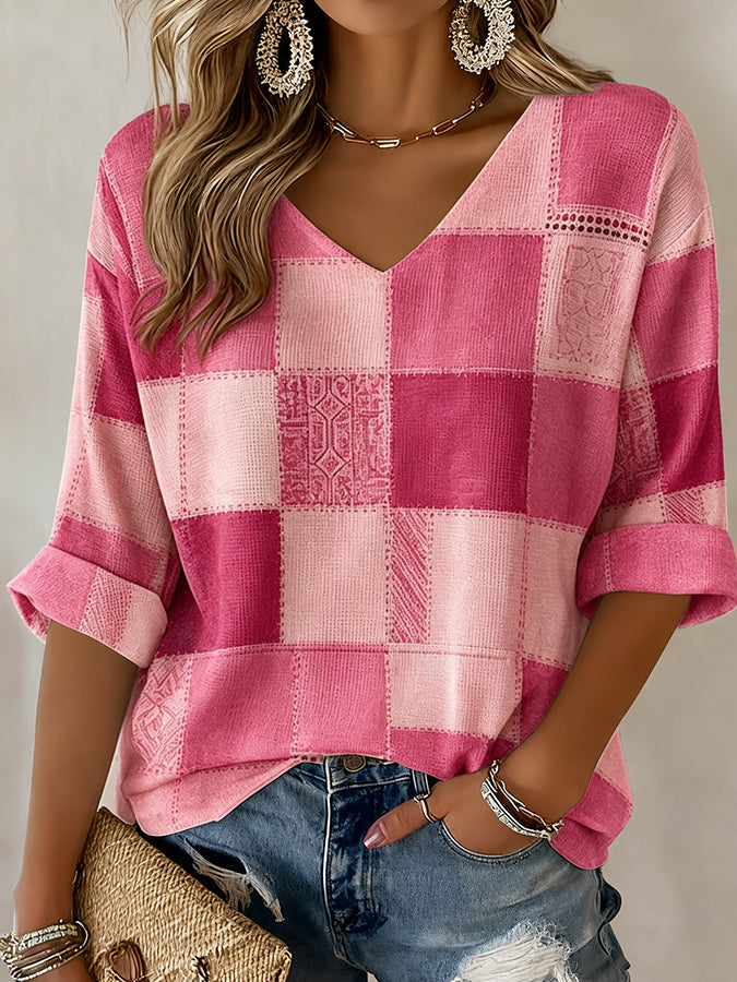 Women's Casual Daily Plaid Waffle Art Top
