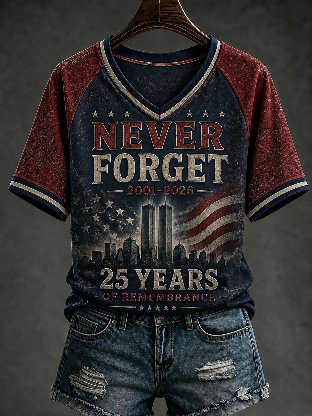 Women's "Never Forget 9/11" Pattern Comfortable V-Neck Retro T-Shirt