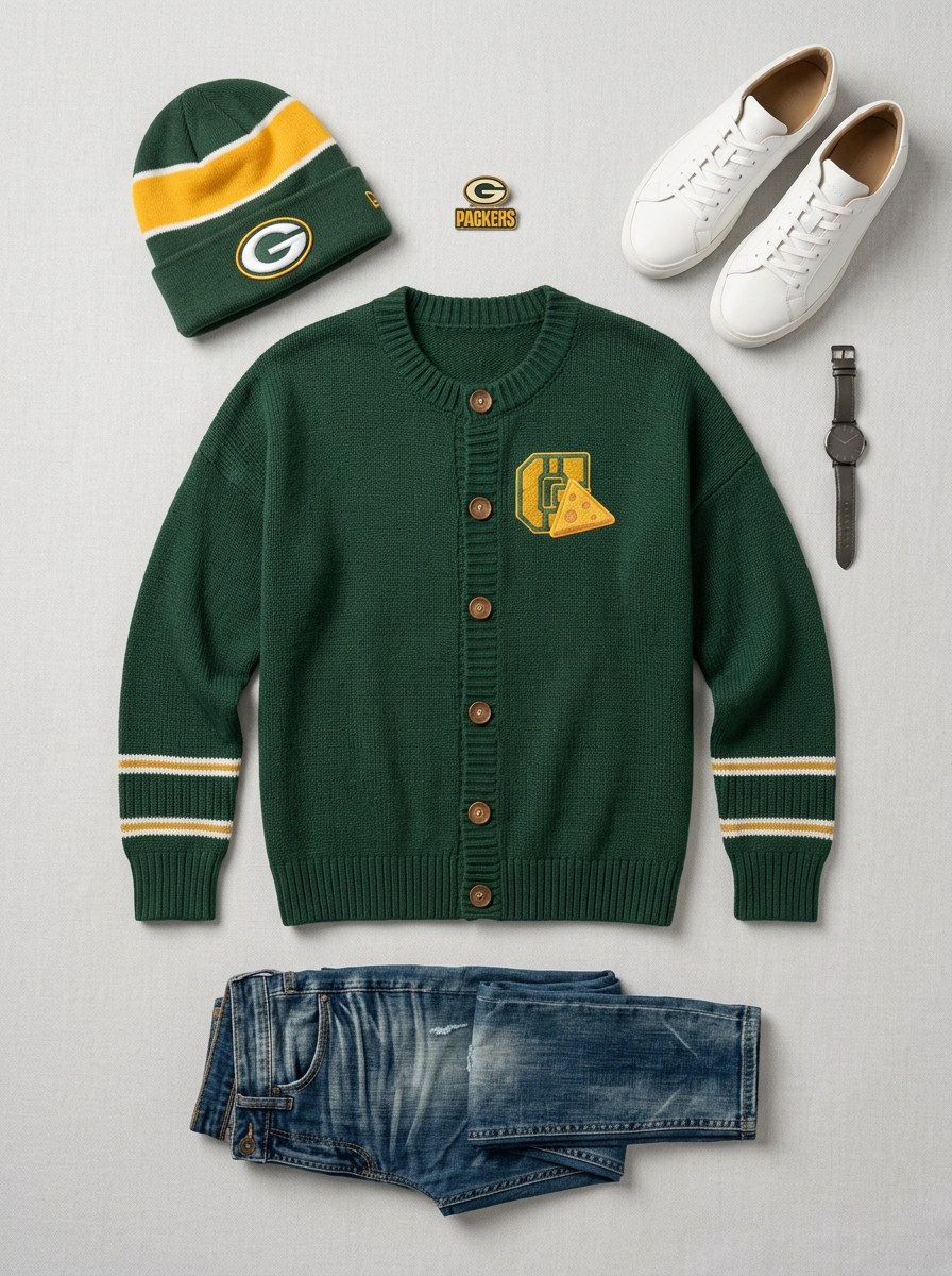Women's Green Bay Packers Cheesehead Logo Embroidered Cardigan