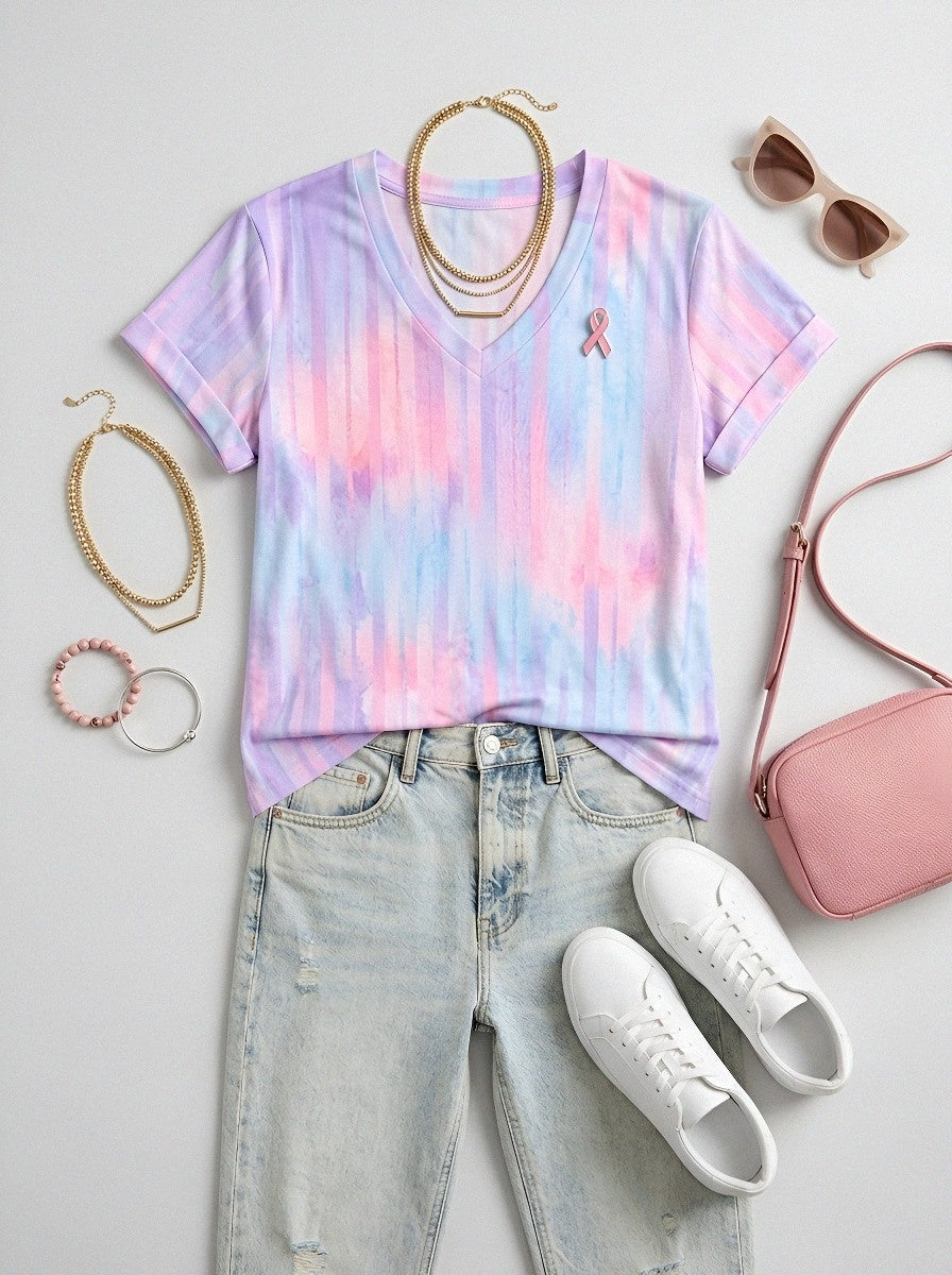 Women's Breast Cancer Awareness Striped Watercolor Printed V-Neck T-shirt