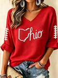 Women'S College Rugby Printed Waffle V-Neck Top